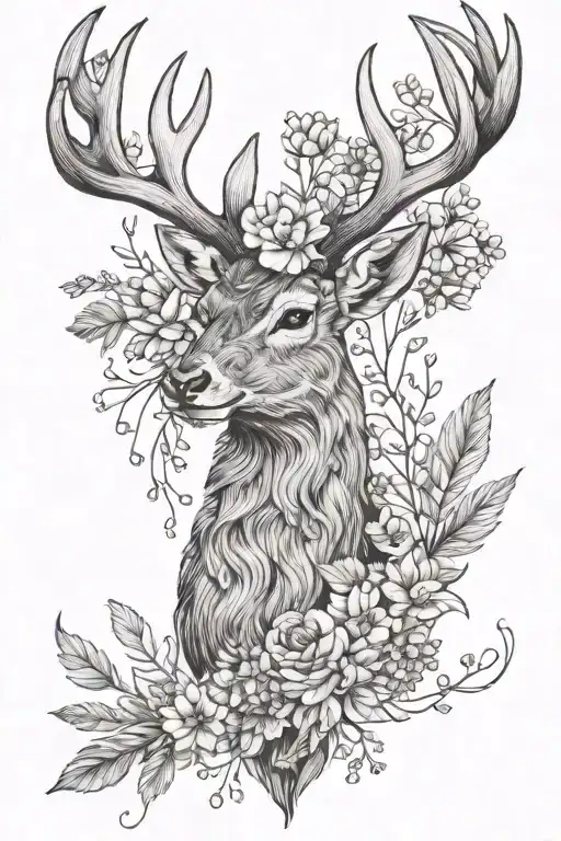 small, fine line, deer antler intertwined with a turkey feather and wildflowers. tattoo design idea