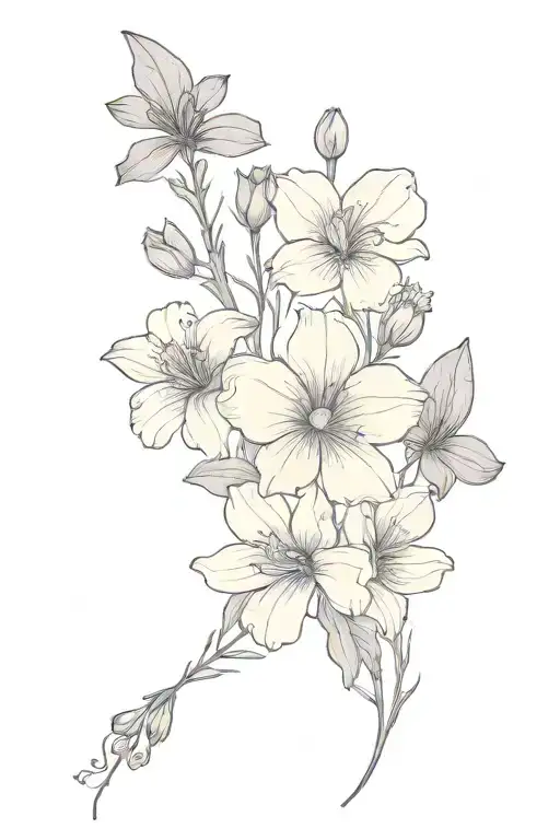 fine line tatoo with violets marigold and larkspur flowers tattoo design idea