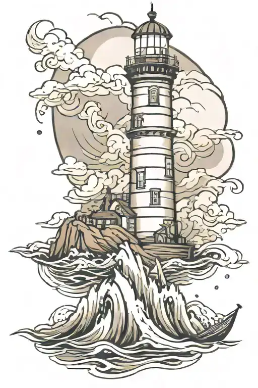 lighthouse mountains rough sea boat tattoo design idea