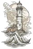 lighthouse mountains rough sea boat tattoo design idea