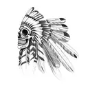 Side-view mexican skull candy, with a vibrant, colorful, male, chief indian headdress comprised of watercolors tattoo design idea
