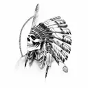 Side-view mexican skull candy, with a vibrant, colorful, male, chief indian headdress comprised of watercolors tattoo design idea