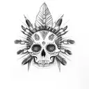 Side-view mexican skull candy, with a vibrant, colorful, male, chief indian headdress comprised of watercolors tattoo design idea
