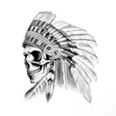 Side-view skull candy, with a vibrant, colorful, male, chief indian headdress comprised of watercolors tattoo design idea