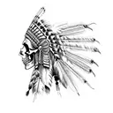 Side-view skull candy, with a vibrant, colorful, male, chief indian headdress comprised of watercolors tattoo design idea
