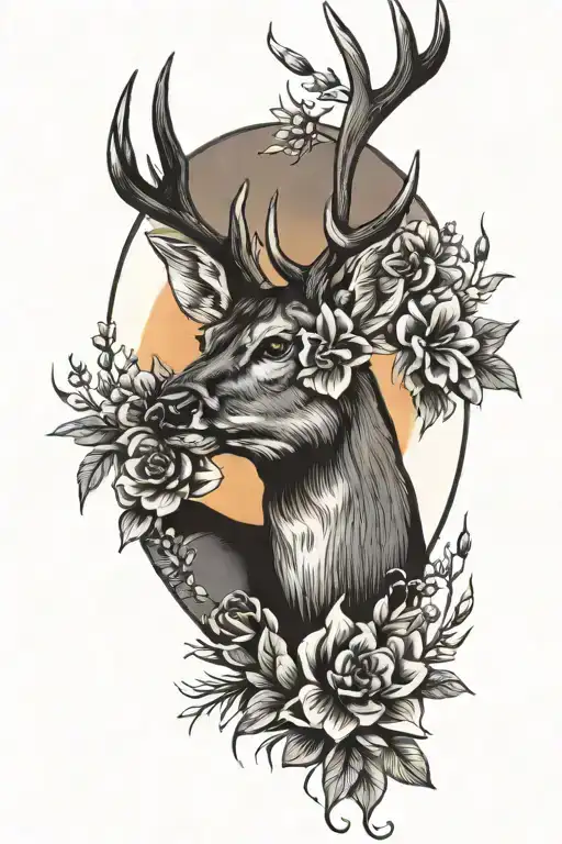 deer head with sunset and flowers tattoo design idea