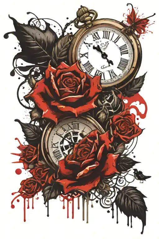 Pocket watch surrounded by black roses, black ink, black ink splashes in the background, realistic details, tattoo sketc tattoo design idea