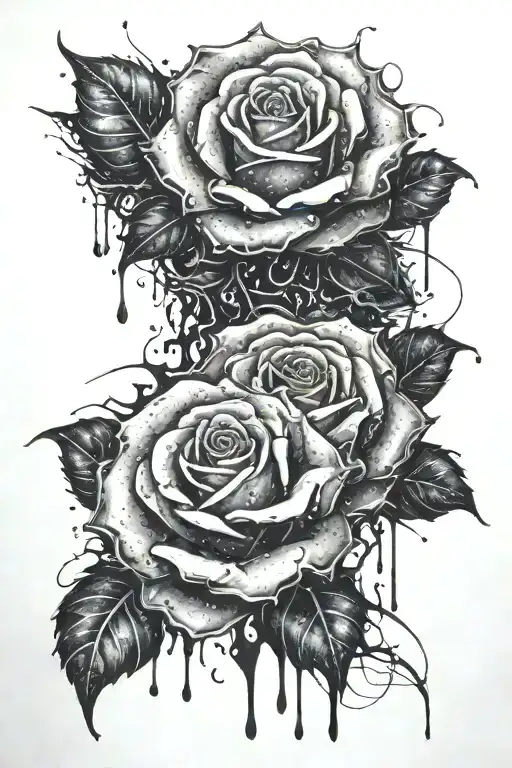 Black roses, black ink, black ink splashes in the background, abstract, intense, realistic, water dropplets tattoo design idea