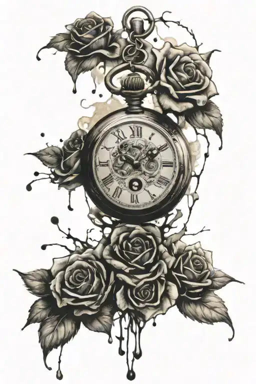 brockeb cracked pocket watch surrounded by black roses, black ink, black ink splashes in the background tattoo design idea
