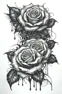 Black roses, black ink, black ink splashes in the background, abstract, intense, realistic, water dropplets tattoo design idea
