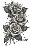 Black roses, black ink, black ink splashes in the background, abstract, intense, realistic, water dropplets tattoo design idea
