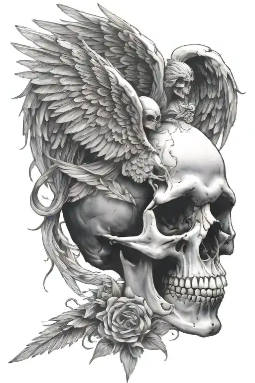 skull with angel wings, in front of expolosion tattoo design idea