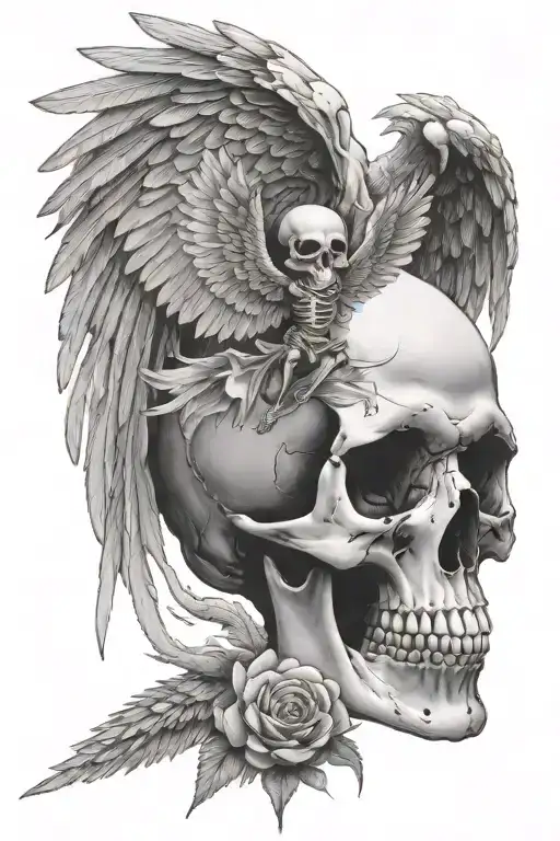 skull with angel wings, in front of expolosion tattoo design idea