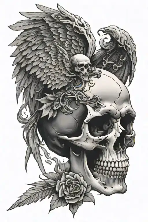 skull with angel wings, in front of expolosion tattoo design idea
