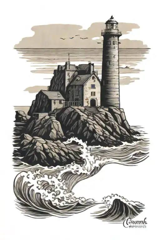Cornwall tin mine with waves crashing tattoo design idea