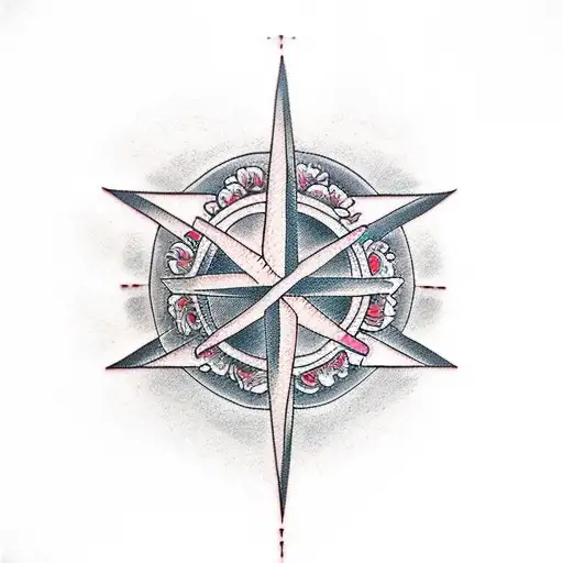 Christian Cross, swallows, roses, clouds, compass tattoo design idea