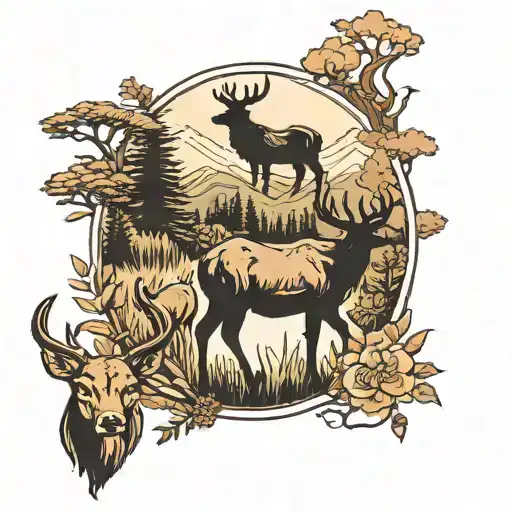 A field with a big elk and two deers and a mountain lion and a mama bear and baby bear facing forward  tattoo design idea