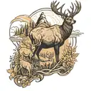A field with a big elk and two deers and a mountain lion and a mama bear and baby bear facing forward  tattoo design idea