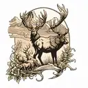 A field with a big elk and two deers and a mountain lion and a mama bear and baby bear facing forward  tattoo design idea