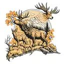 A field with a big elk and two deers and a mountain lion and a mama bear and baby bear facing forward  tattoo design idea