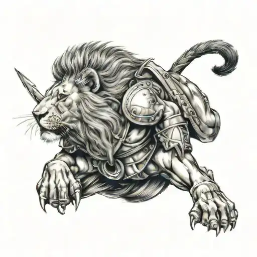 lion spartan warrior kneeling tattoo design idea