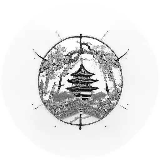 A samurai sword piercing through a tori gate with cherry blossoms blooming around it tattoo design idea