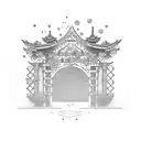A tori gate surrounded by falling cherry blossoms with an anchor incorporated tattoo design idea