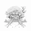 A tori gate surrounded by falling cherry blossoms with an anchor incorporated tattoo design idea