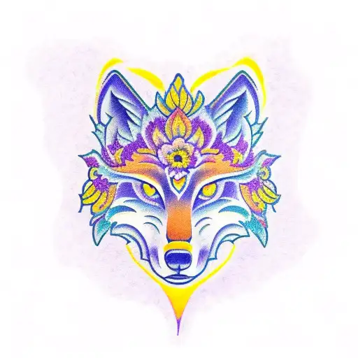 traditional wolf head with orange Chrysanthemums on right behind and purple iris and violet flowers behind left side  tattoo design idea