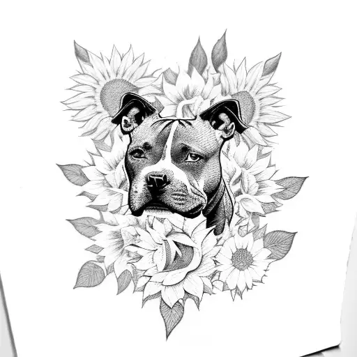 A pitbull surrounded by sunflowers and roses tattoo design idea