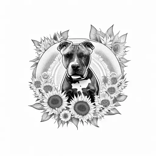 A pitbull surrounded by sunflowers and roses tattoo design idea