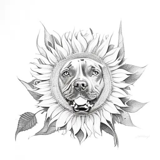 A pitbull surrounded by sunflowers and roses tattoo design idea