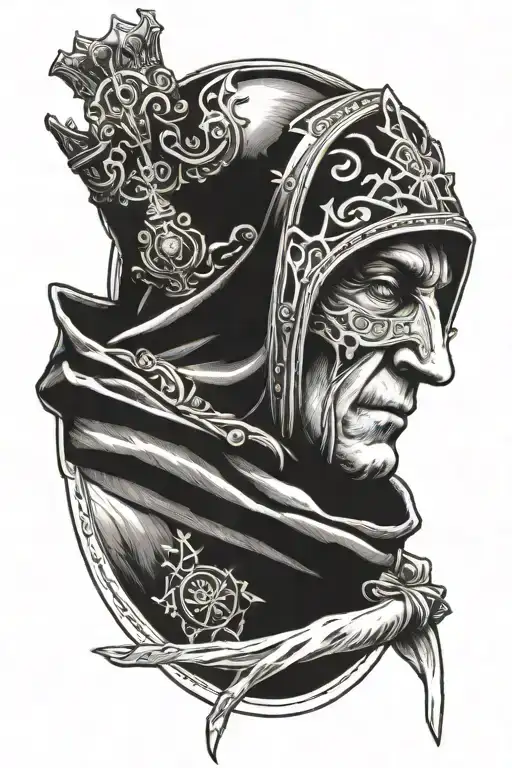 king Baldwin IV with his mask holding his hand in front of him like a stop sign fine line detailed tattoo design idea