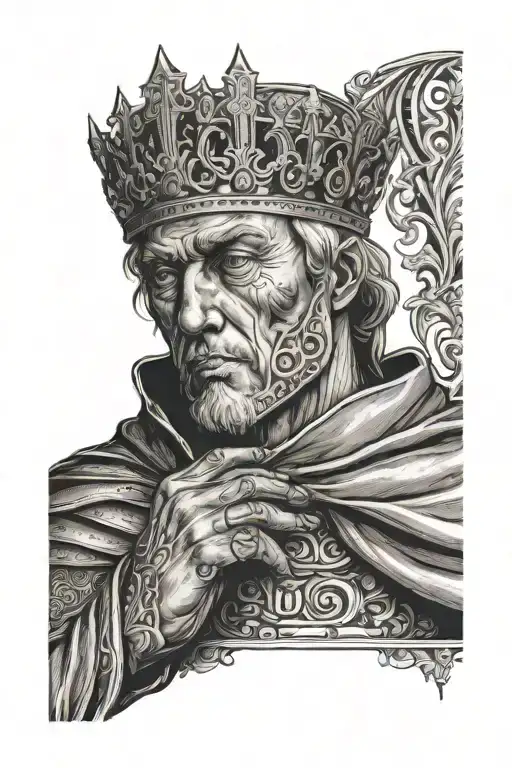 king Baldwin IV holding his hand in front of him fine line detailed tattoo design idea