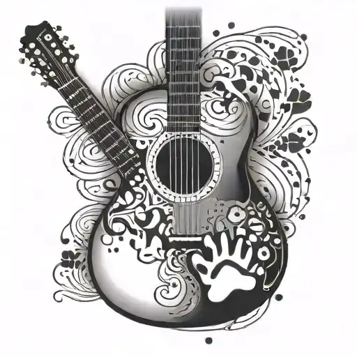 A guitar with pet paw prints as the strings in a black-grey style tattoo design idea