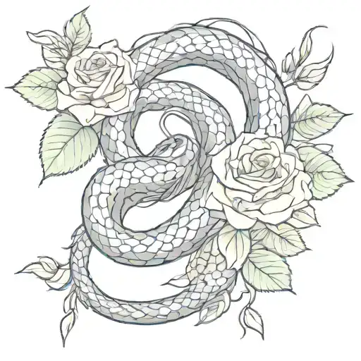 A sketch of a snake intertwined with a rose bush, with a katana blade peeking out from the leaves, blending the client's favorite things into a dark and intricate design tattoo design idea