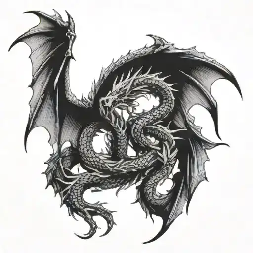 two intertwined dragons of two different colors very detailed for a tattoo on the back, their wings open tattoo design idea