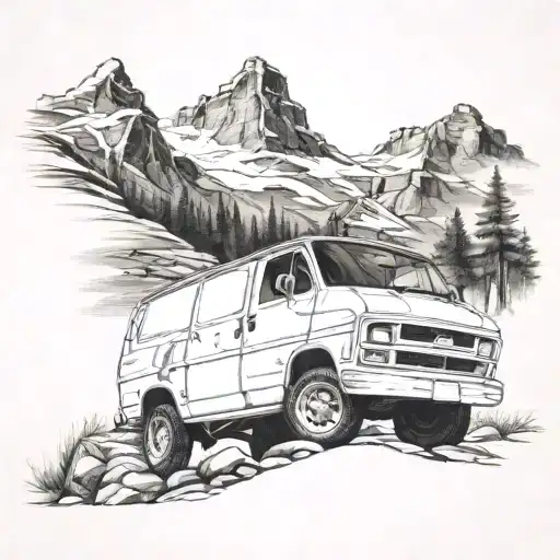 Chevy Van in a Rocky Mountain Scene tattoo design idea