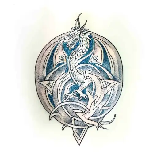 A traditional-style tattoo of a Celtic dragon riding a Harley motorcycle through the great outdoors tattoo design idea