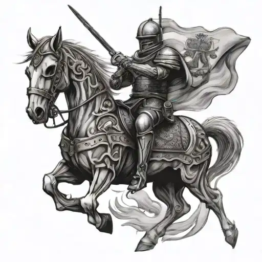 armored skeleton knight holding a flag while riding an armored horse jumping tattoo design idea