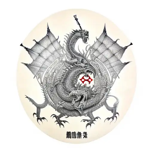 Skanderbeg holding a sword and shield with a massive 2 headed dragon behind him tattoo design idea