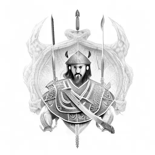 Skanderbeg holding a sword and shield with a massive 2 headed dragon behind him tattoo design idea