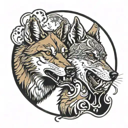a wolf and dingo growling at each other with the moon behind them tattoo design idea