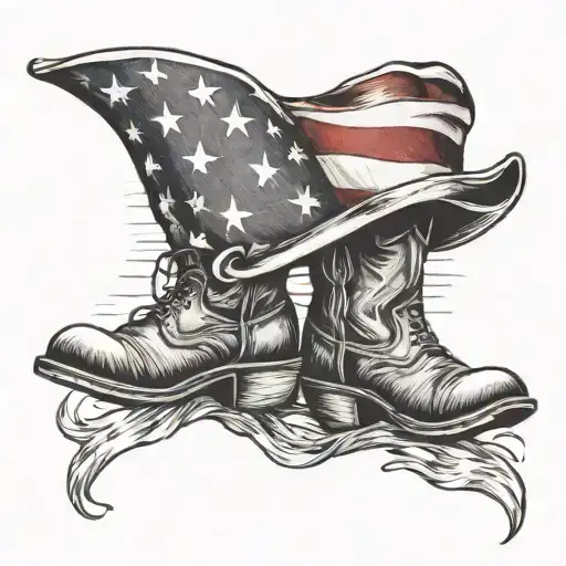 A patriotic tattoo of an American flag waving in the wind, with a silhouette of a cowboy hat and boots in the background tattoo design idea