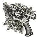 A tattoo of a revolver gun with wings, symbolizing freedom and success in the country music industry tattoo design idea
