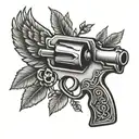 A tattoo of a revolver gun with wings, symbolizing freedom and success in the country music industry tattoo design idea