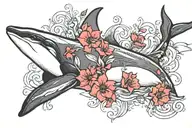 orca whale with red flowers tattoo design idea
