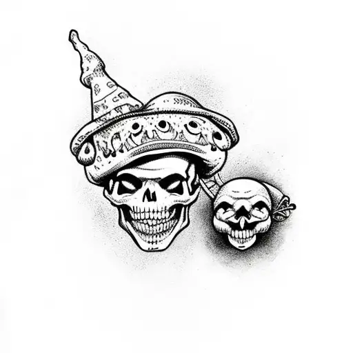 laughing skull with a jester hat and a frog meditating with a mushroom hat tattoo design idea