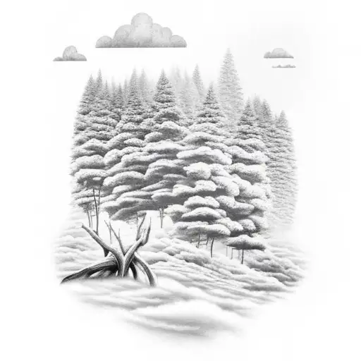 forest with clouds, lightning and mountains tattoo design idea