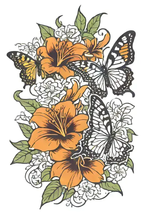tigerlily flower, lung cancer ribbon, butterflies flying, tiger stripes tattoo design idea